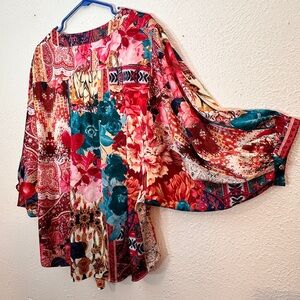 Boho Floral Patchwork Kimono Bohemian Blouse Flowy Tie Front Bell Sleeves XL